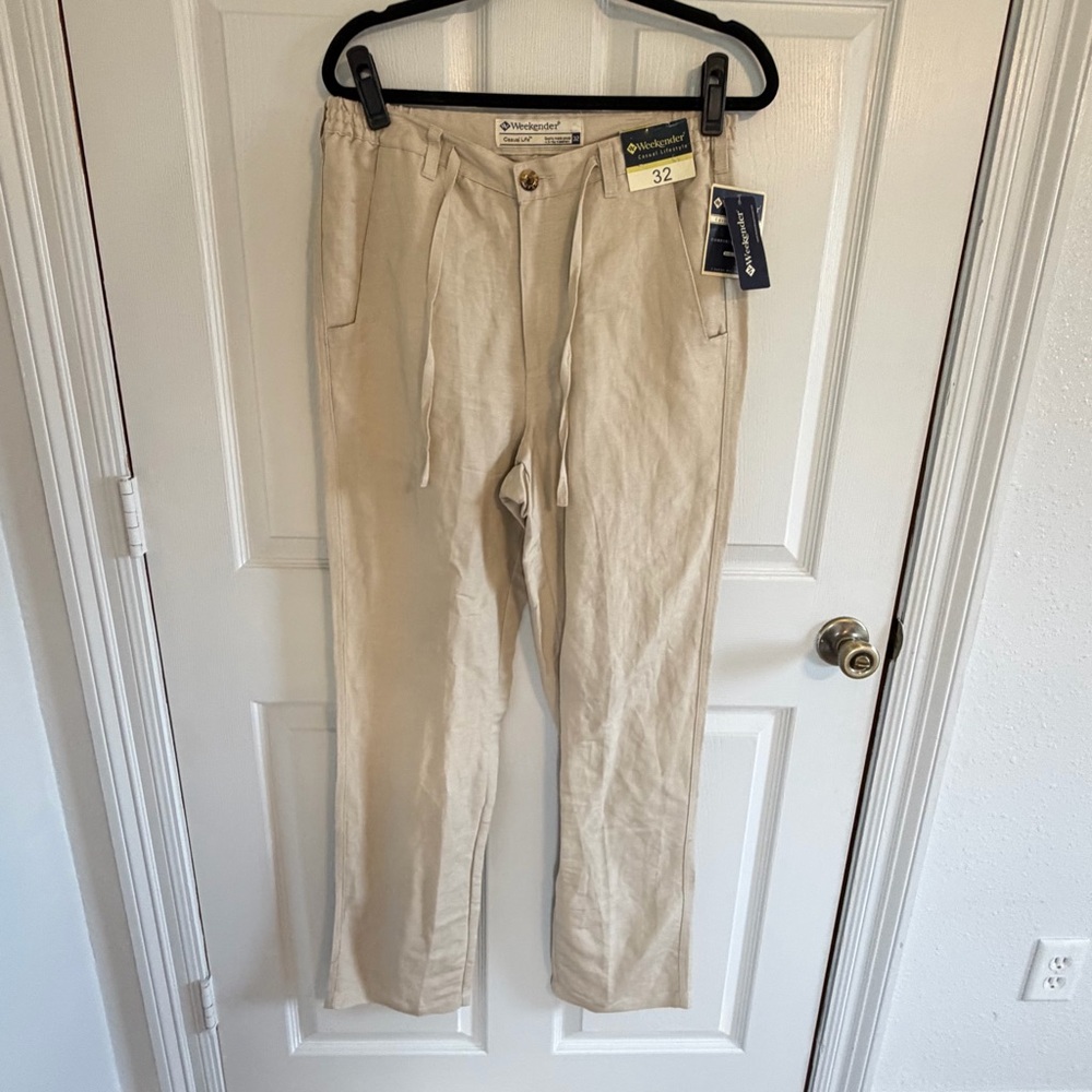 Weekender Casual Life Linen Blend  Men’s 32 Drawstring Cargo Beach Pants NWT